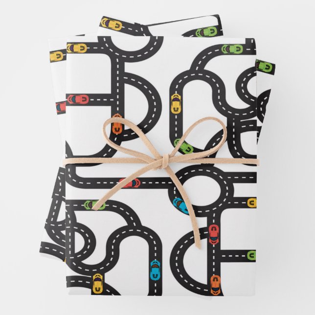 Race Track Boys Birthday White Wrapping Paper Sheets (In situ)