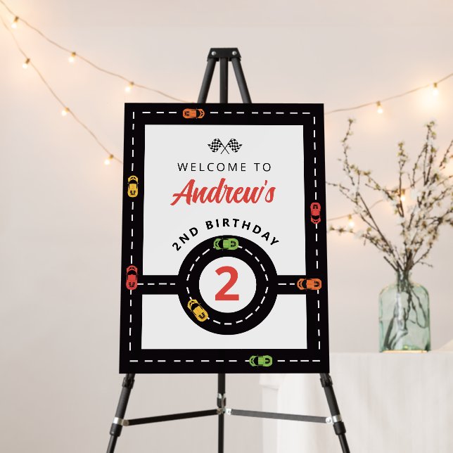 Race Track Cars Boys 2nd Birthday Welcome Sign (In Situ (Stand))