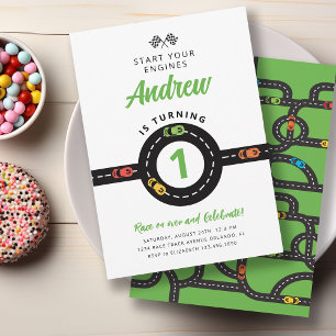 Race Track Cars Green Boys 1st Birthday Invitation