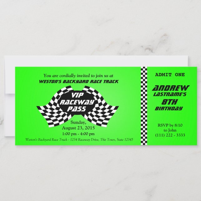 Race Track Pass Birthday Ticket Bright Green Invitation (Front)