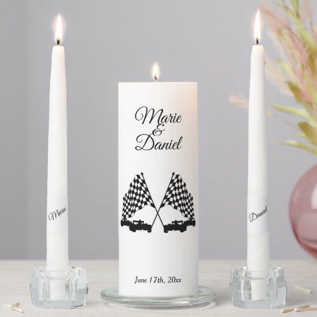 Race Wedding Theme Personalized Unity Candle Set (In Situ)