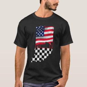 Racecar over Indiana American Flag to Checkered Fl T-Shirt