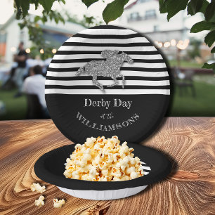 Racehorse on Black White Stripes Paper Bowls