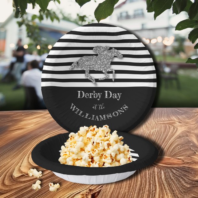 Racehorse on Black White Stripes Paper Bowls (Racehorse on Black and White Stripes 7" Paper Bowls)