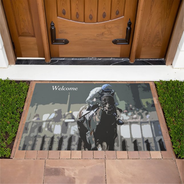 Racehorse With Jockey In Blue Door Mat (Outdoor)