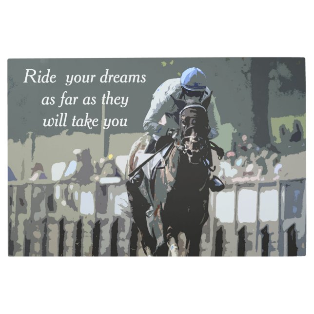 Racehorse With Jockey In Blue Metal Wall Art (Front)