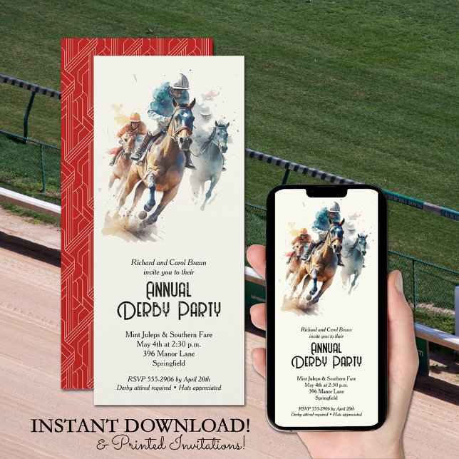 Racehorses and Jockeys Derby Party Invitation (Racehorses and Jockeys Derby Party Invitations - printed and perfect size for INSTANT DOWNLOAD!)