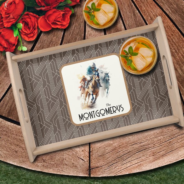 Racehorses and Jockeys Derby Party Serving Tray (Racehorses and Jockeys on brown Derby party serving tray)