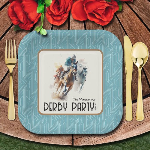 Racehorses Derby Party Aqua Square Paper Plates