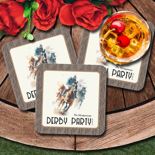 Racehorses Derby Party Brown Square Paper Coaster
