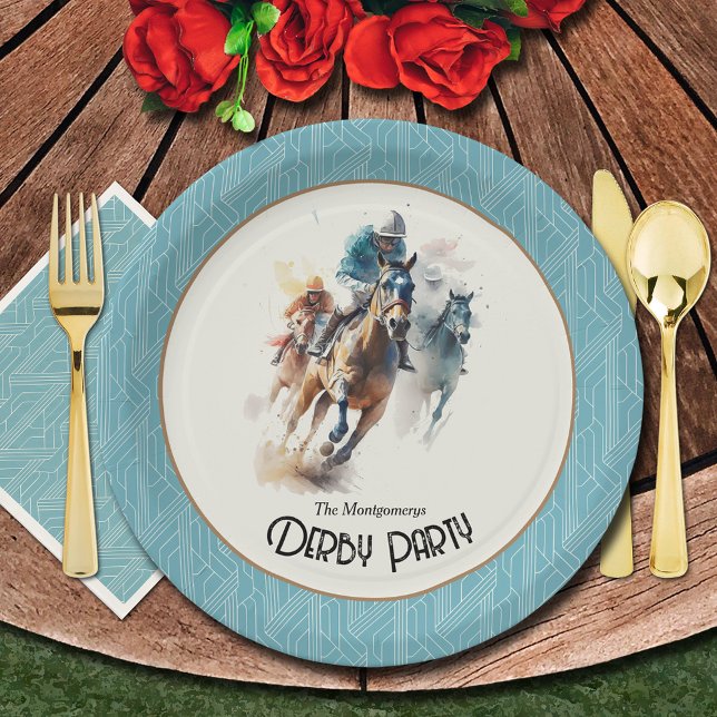 Racehorses Derby Party Paper Plates (Racehorses and Jockeys Turquoise Derby Party Paper Plates)