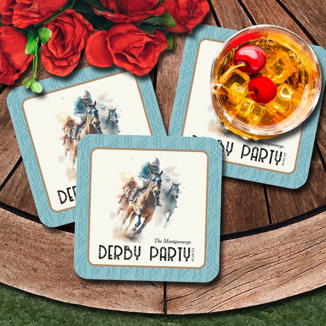 Racehorses Derby Party Turquoise Square Paper Coaster (Racehorses and Jockeys Derby Party Turquoise Square Paper Coasters)