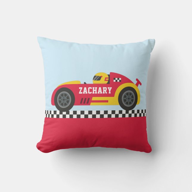 Racer in Yellow and Red Race Car Boys Room Decor Throw Pillow (Front)