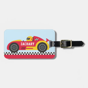 Racer in Yellow and Red Race Car Kids Personalized Luggage Tag
