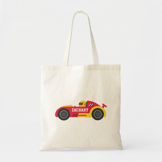 Racer in Yellow and Red Race Car Kids Personalized Tote Bag (Front)