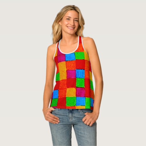 Racerback Rainbow Colored Squares Patchwork Tank Top