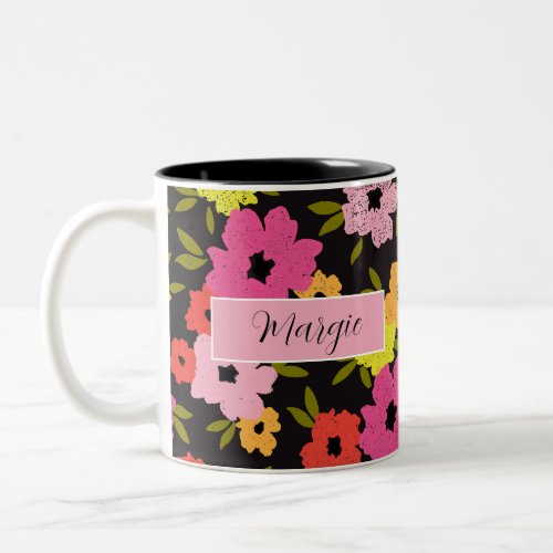 Rachel Floral Design Custom Name on Black Two_Tone Coffee Mug