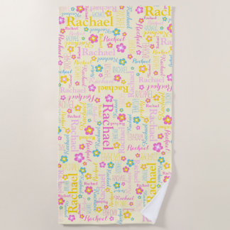 Rachel flowers name typographic yellow pink beach towel