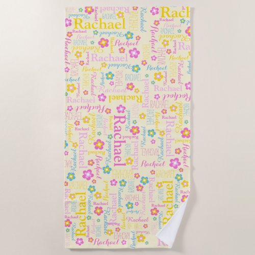 Rachel flowers name typographic yellow pink beach towel