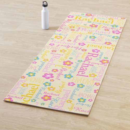Rachel flowers name typographic yellow pink yoga mat