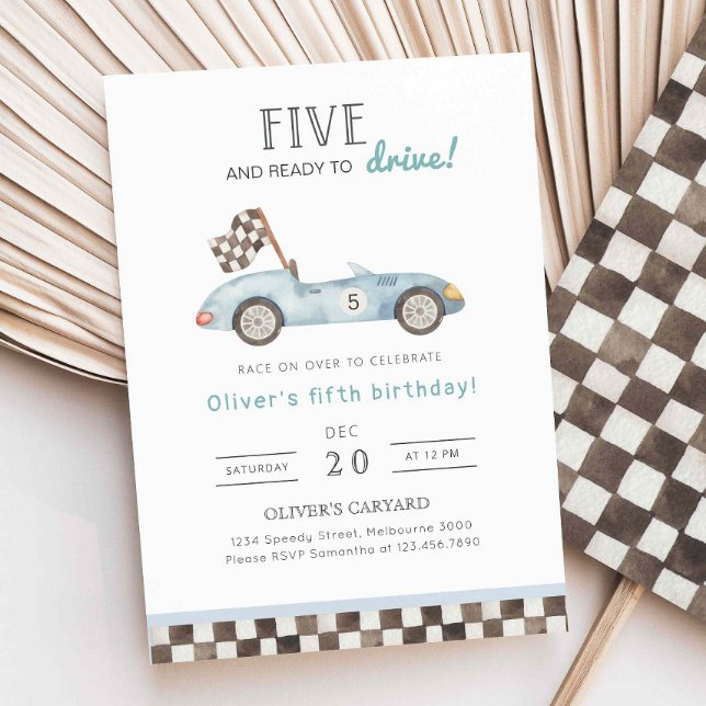 Racing 5th Birthday Invitation, Blue Car 5th B'day Invitation (Creator Uploaded)