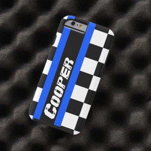 Racing auto sports chequered blue name iphone case