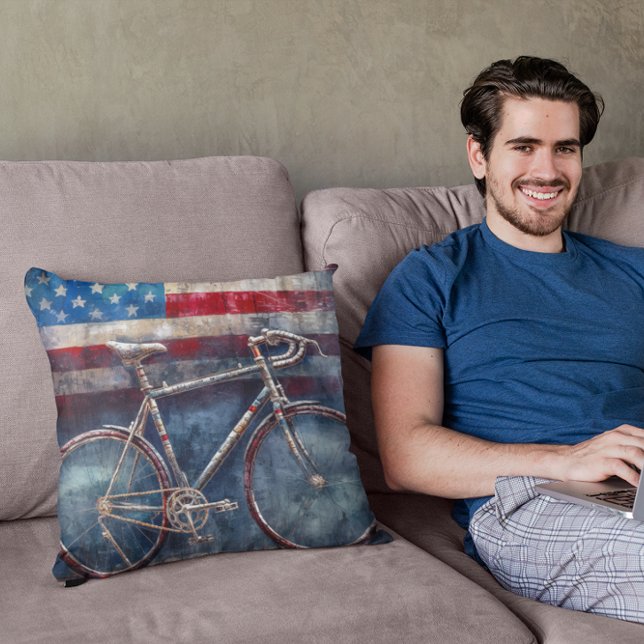 racing bike in acrylic american flag background throw pillow (Creator Uploaded)