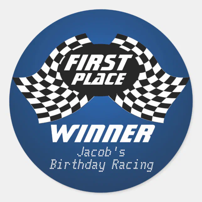 First Place Racing Sticker Racing Birthday Checkered Flags 1st Place Classic Round Sticker | Zazzle