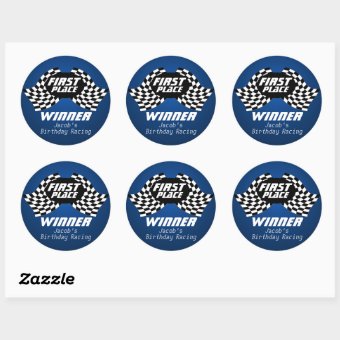 First Place Racing Sticker Racing Birthday Checkered Flags 1st Place Classic Round Sticker | Zazzle