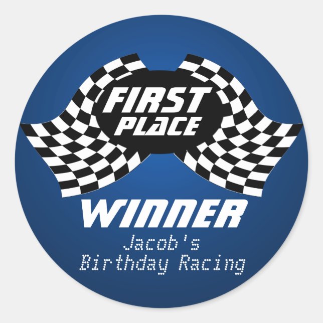 Racing Birthday Checkered Flags 1st Place Classic Round Sticker (Front)