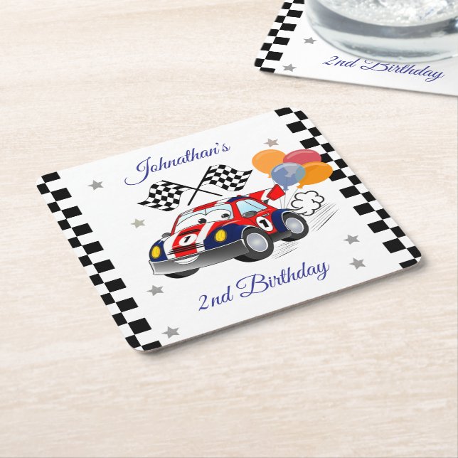 Racing Birthday Party | Race Car & Checkered Flag Square Paper Coaster (Angled)
