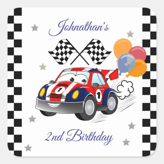 Racing Birthday Party | Race Car & Checkered Flag Square Sticker (Front)