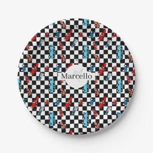 Racing Black and White Modern Pattern with Cars Paper Plates