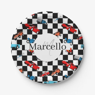 Racing Black and White Modern Pattern with Cars Paper Plates