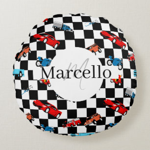 Racing Black and White Modern Pattern with Cars Round Pillow
