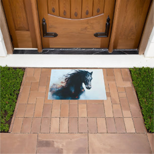 Racing Black Horse Portrait Minimalist Doormat