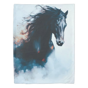 Racing Black Horse Portrait Minimalist Duvet Cover