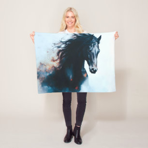 Racing Black Horse Portrait Minimalist Fleece Blanket