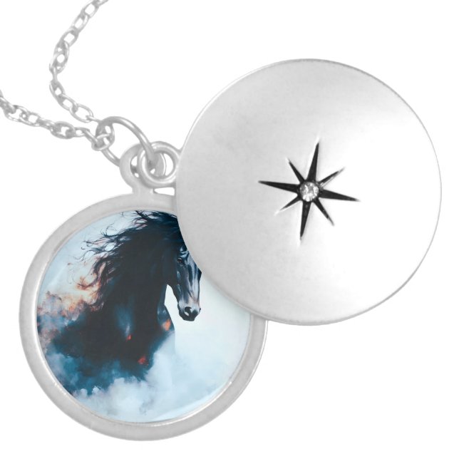 Racing Black Horse Portrait Minimalist Locket Necklace (Front)