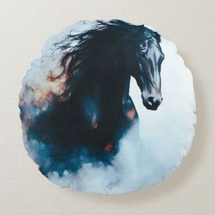 Racing Black Horse Portrait Minimalist Round Pillow