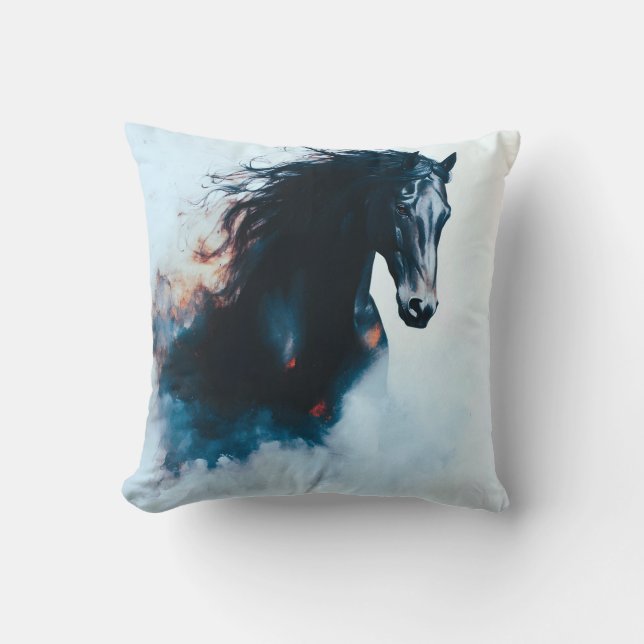  Racing Black Horse Portrait Minimalist Throw Pillow (Front)