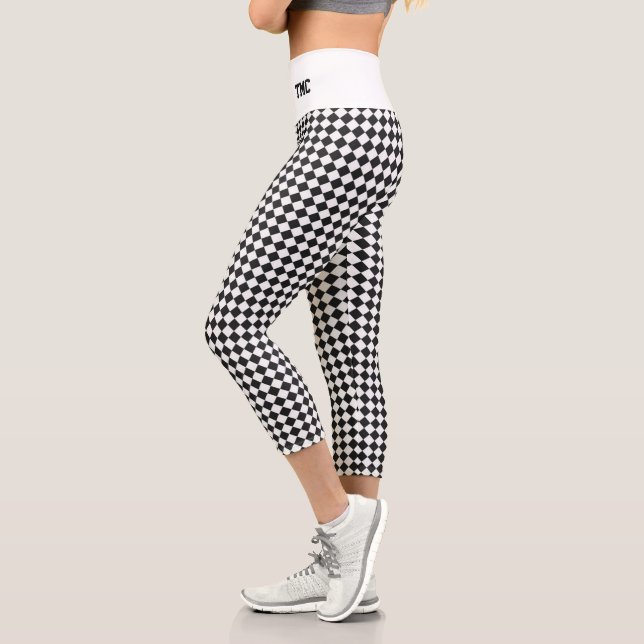 Racing Black White Checker Flag Custom Initials Capri Leggings (Left)
