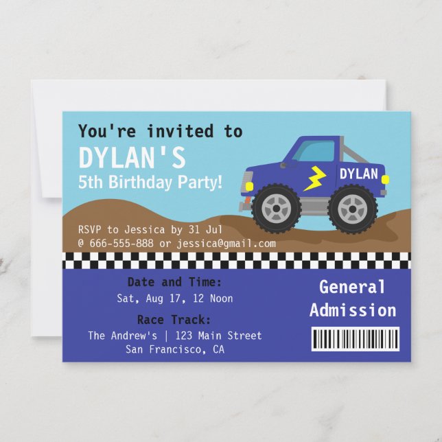 Racing Blue Monster Truck Party, Admission Ticket Invitation (Front)