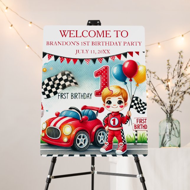 Racing Car 1st Birthday Boy Party Welcome Sign (In Situ (Stand))