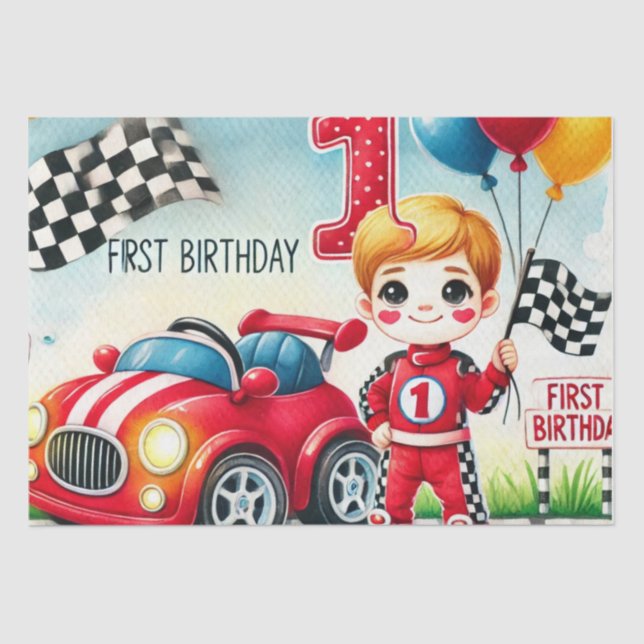 Racing Car 1st Birthday Boy Watercolor Kids Tissue Paper (Front)