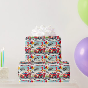 Racing Car 1st Birthday Boy Watercolor Kids Wrapping Paper