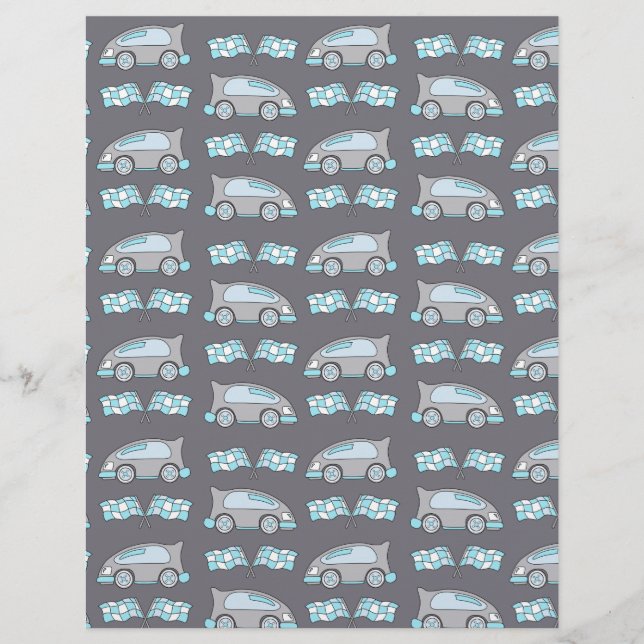 Racing Car and Flag Blue Gray Scrapbook Paper (Front)