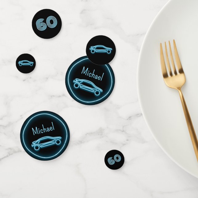Racing Car and Male Name / Age on Neon Blue Look Confetti (Group)