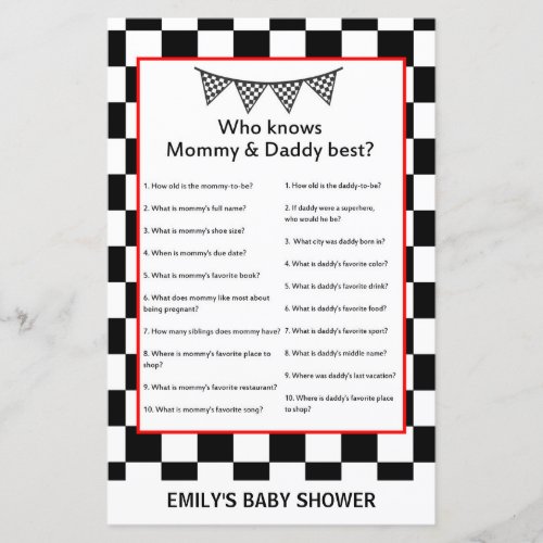 Racing Car Baby Shower Game PRINTED