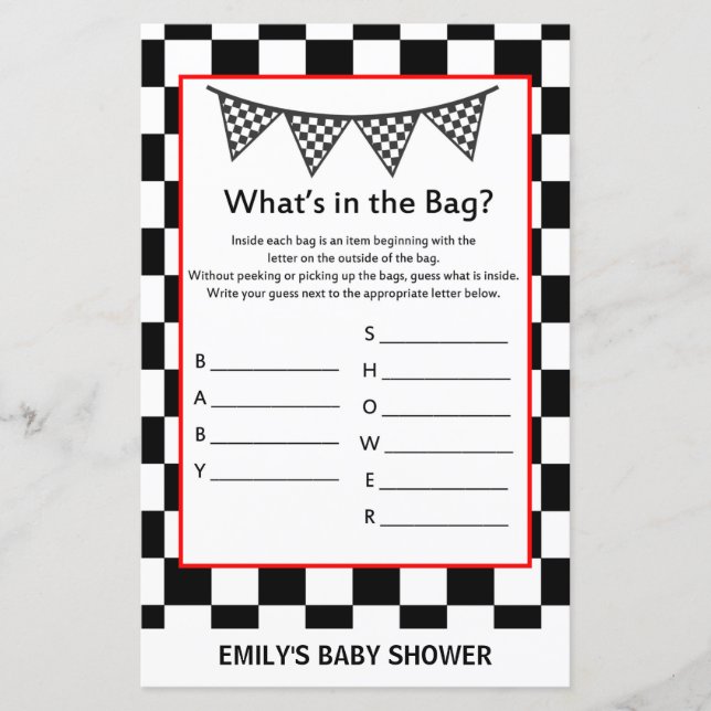 Racing Car Baby Shower Game PRINTED (Front)